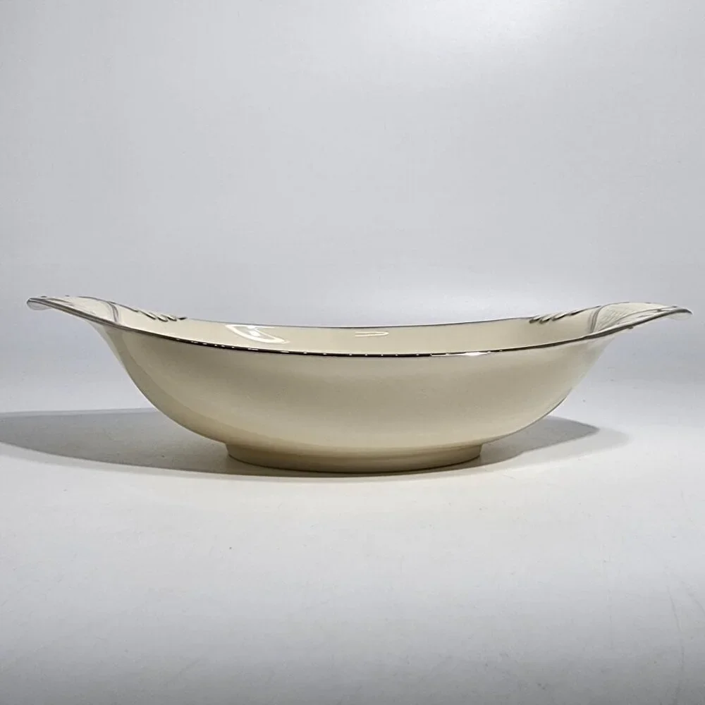 Lenox Vintage Ceramic Oval Serving Dish With Silver Trim and Textured Handles